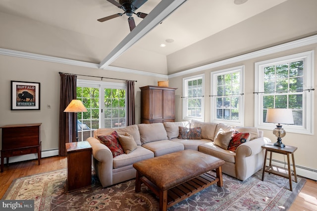 living room with crown molding, ceiling fan, wood finished floors, a baseboard radiator, and vaulted ceiling