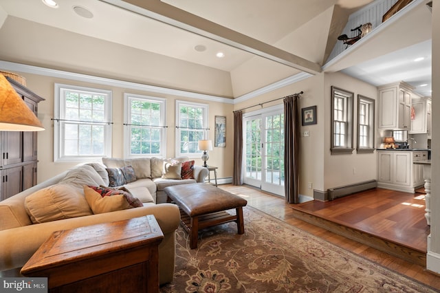 living room featuring lofted ceiling, wood finished floors, baseboards, recessed lighting, and a baseboard radiator