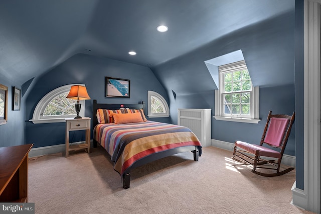 bedroom featuring multiple windows, carpet, and lofted ceiling