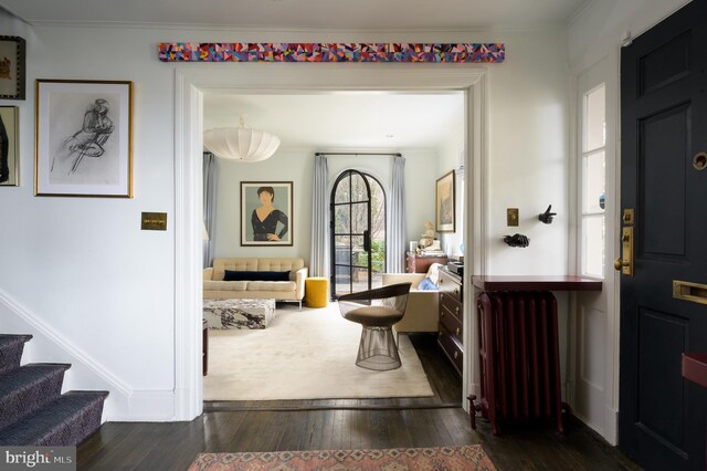 entrance foyer with radiator heating unit, crown molding, stairway, and dark wood finished floors