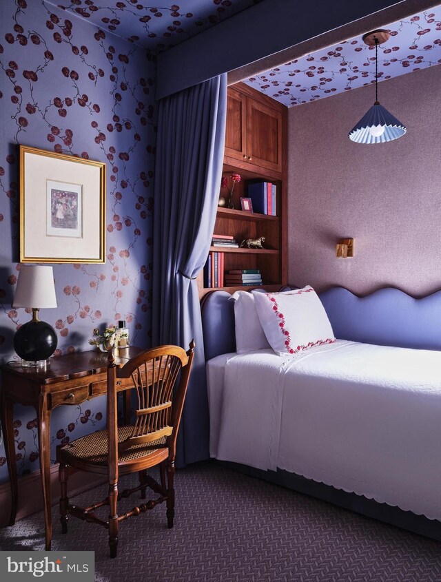bedroom featuring carpet flooring and wallpapered walls