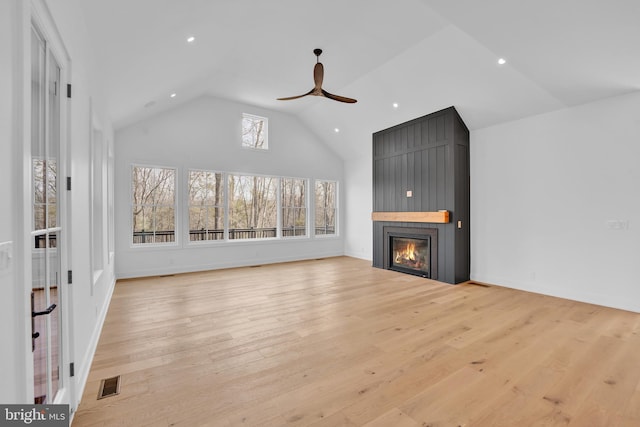 457 Brownsburg Rd W, Unit W, Newtown, PA 18940 - unfurnished living room featuring a ceiling fan, visible vents, a large fireplace, and recessed lighting