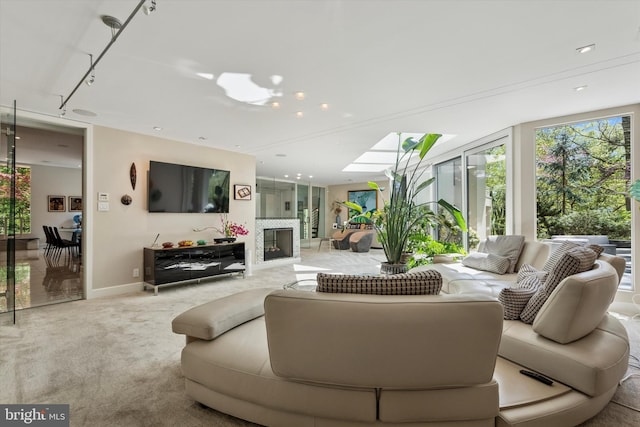 carpeted living room featuring baseboards