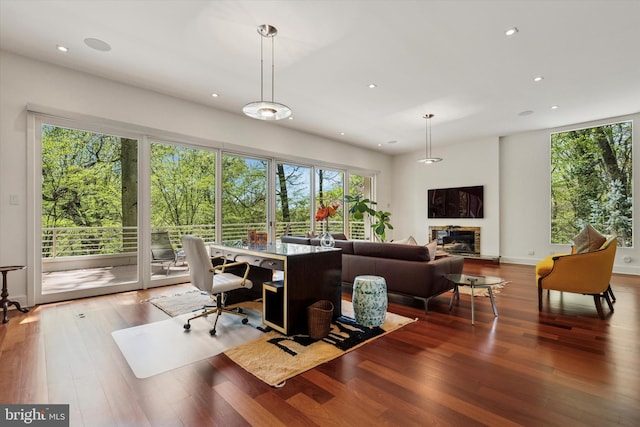 interior space featuring recessed lighting, wood finished floors, and a wealth of natural light
