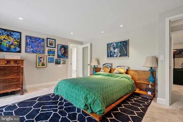 carpeted bedroom with recessed lighting and baseboards
