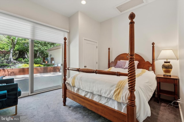 bedroom featuring access to outside and carpet flooring