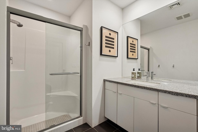 bathroom with vanity, tile patterned flooring, a stall shower, and visible vents