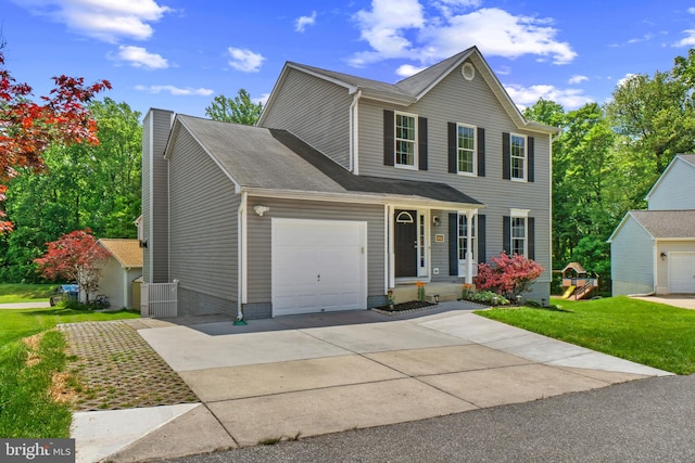 view of front of property featuring an attached garage, concrete driveway, a front yard, and a chimney