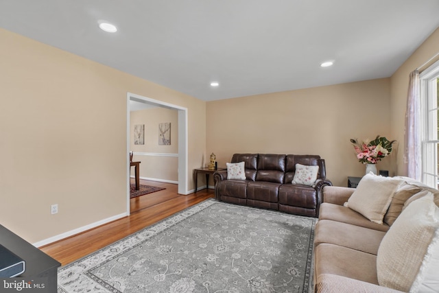 living area featuring wood finished floors, baseboards, and recessed lighting