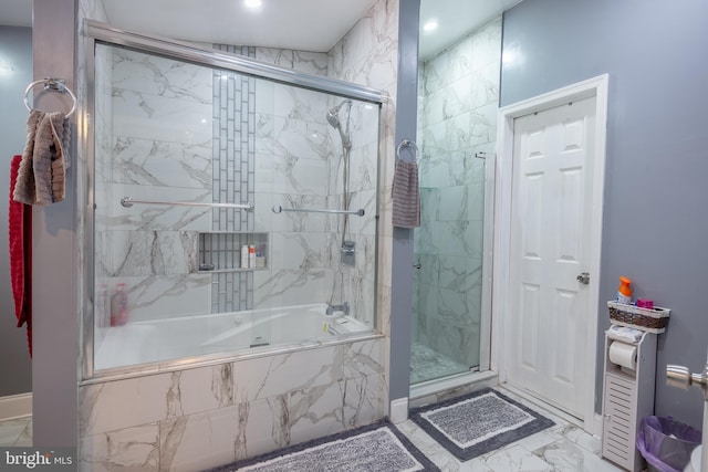 full bathroom with recessed lighting and marble finish floor