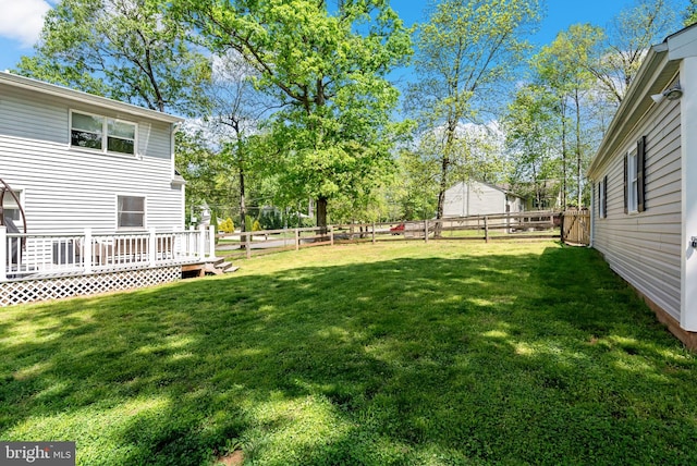 view of yard with a wooden deck and a fenced backyard