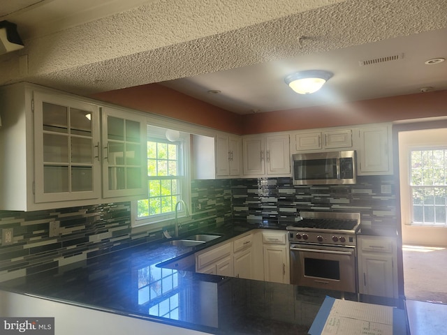 5895 Tibby Rd, Bensalem, PA 19020 - kitchen featuring appliances with stainless steel finishes, a sink, healthy amount of natural light, white cabinetry, and a textured ceiling