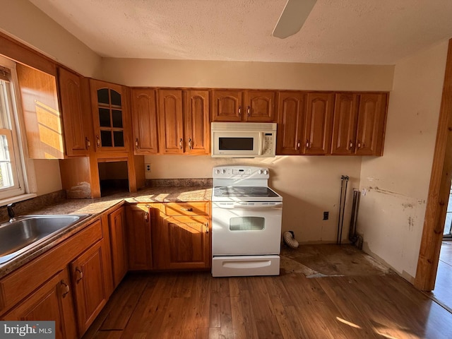 2218 Trenton Ave, Bristol, PA 19007 - kitchen featuring white appliances, brown cabinetry, dark wood-style flooring, glass insert cabinets, and a textured ceiling