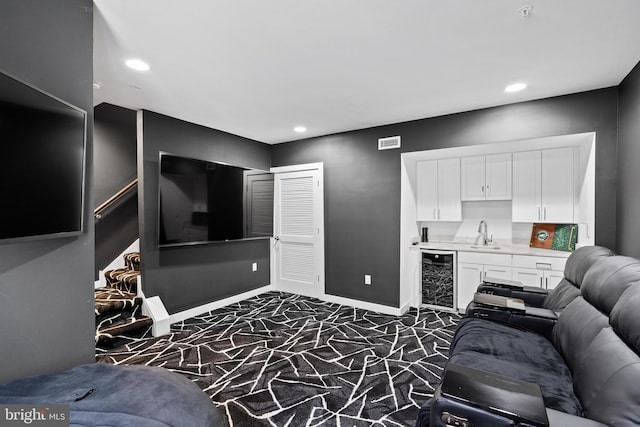 1424 S 4th St, Philadelphia, PA 19147 - living area with marble finish floor, wine cooler, visible vents, recessed lighting, and baseboards