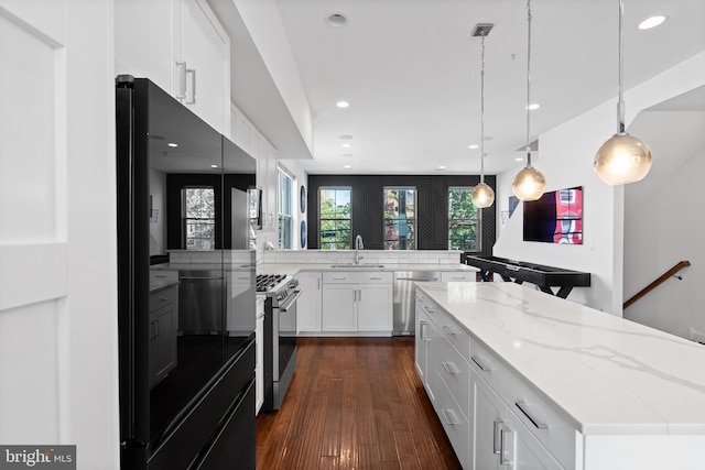 1424 S 4th St, Philadelphia, PA 19147 - kitchen with light stone countertops, dark wood-style flooring, a sink, stainless steel appliances, and white cabinets
