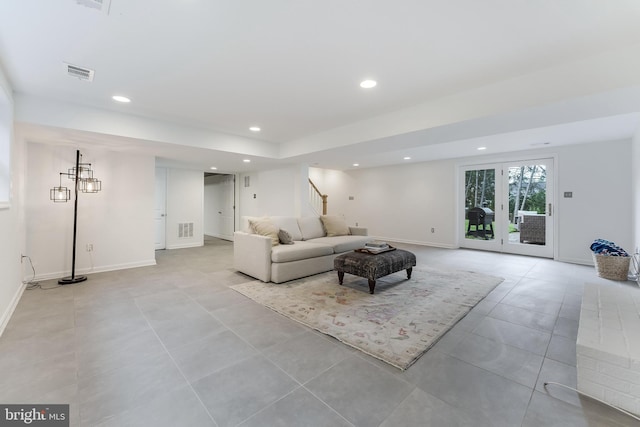 817 Golden Arrow St, Great Falls, VA 22066 - living room featuring stairs, recessed lighting, light tile patterned flooring, and baseboards