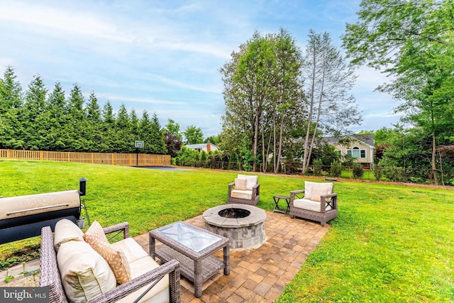 817 Golden Arrow St, Great Falls, VA 22066 - view of yard with a patio area and an outdoor living space with a fire pit