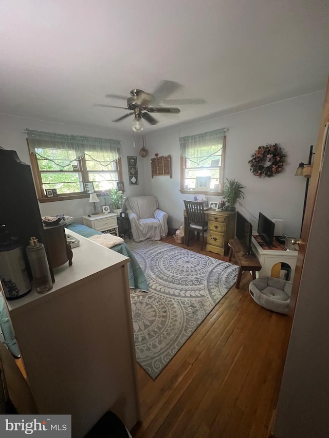 interior space with a ceiling fan and wood finished floors
