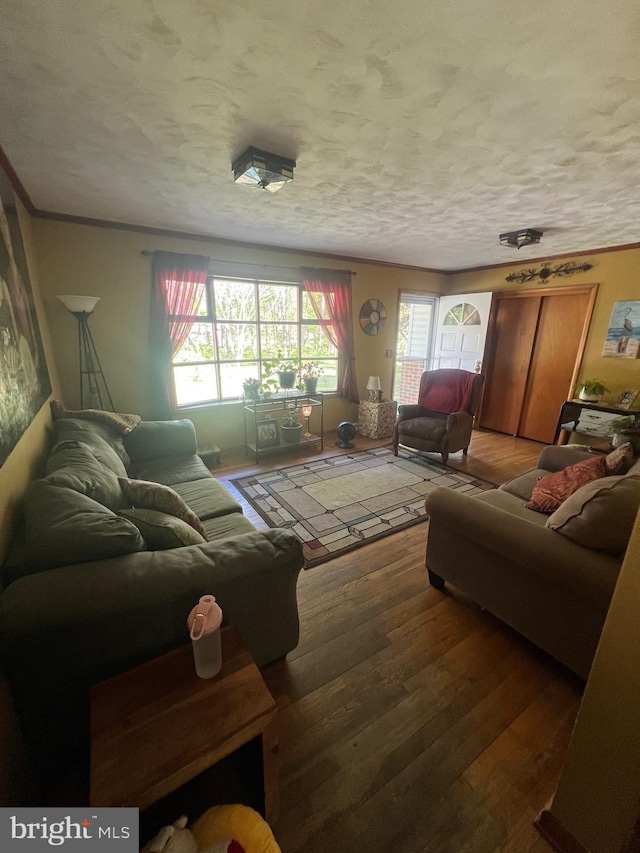 living room with a textured ceiling, ornamental molding, and wood finished floors