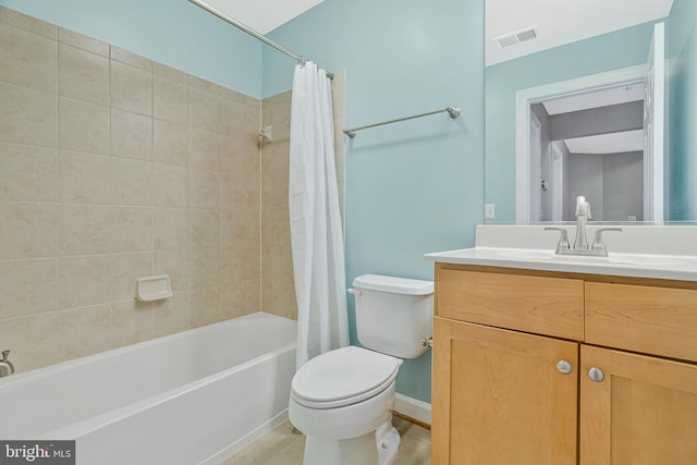 bathroom featuring visible vents, shower / bath combo, vanity, tile patterned floors, and toilet