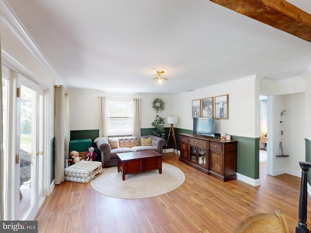 living area with crown molding and light wood-style flooring