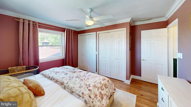 bedroom with a ceiling fan, crown molding, baseboards, two closets, and light wood finished floors