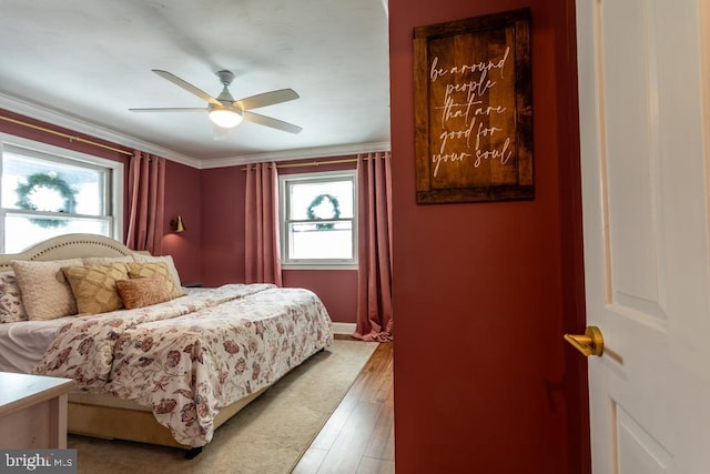 bedroom featuring light wood-style floors, a ceiling fan, baseboards, and multiple windows
