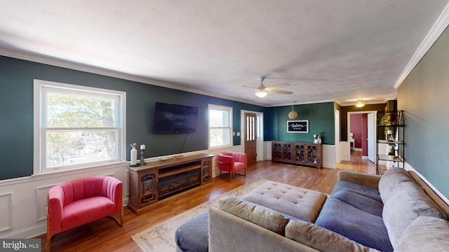 living room featuring crown molding, a ceiling fan, plenty of natural light, and wood finished floors