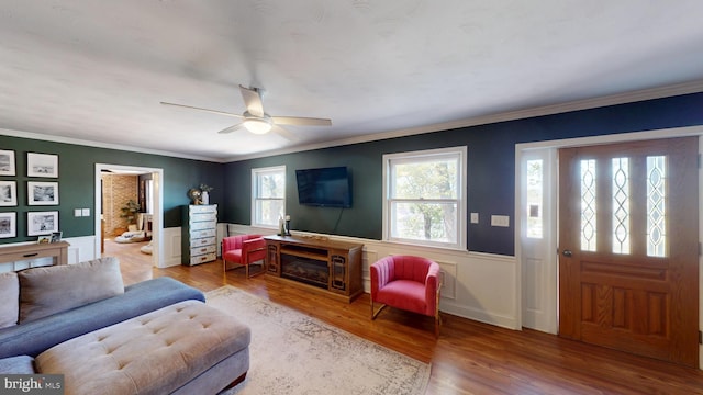 living room with crown molding, a ceiling fan, wainscoting, and wood finished floors