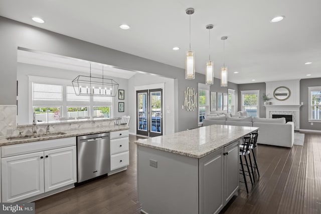 kitchen featuring white cabinets, dark wood-style flooring, a sink, dishwasher, and recessed lighting