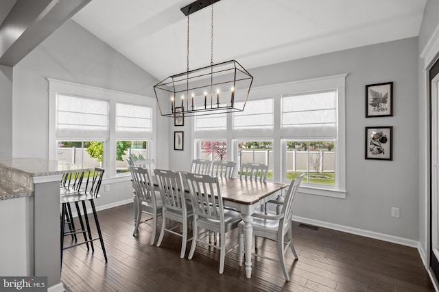 dining room featuring visible vents, baseboards, dark wood-type flooring, and a notable chandelier
