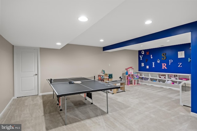 rec room with carpet floors, recessed lighting, and baseboards