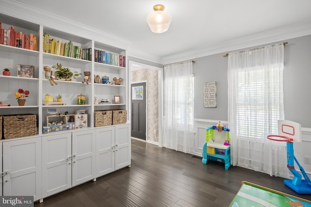playroom with crown molding, dark wood-style floors, and a wainscoted wall