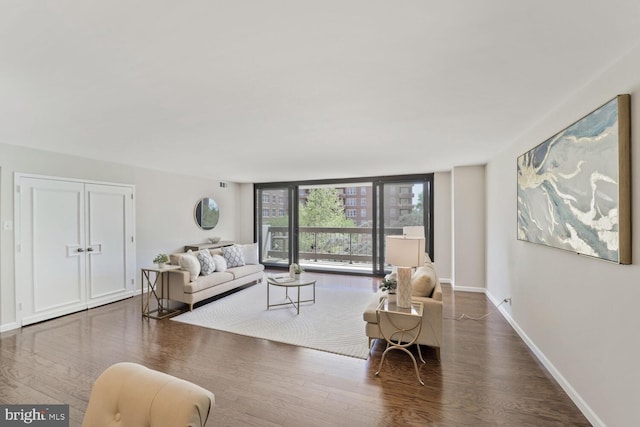 living room featuring baseboards, wood finished floors, and expansive windows