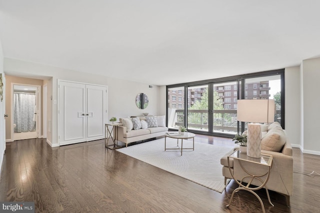 living room featuring baseboards, wood finished floors, and a wall of windows