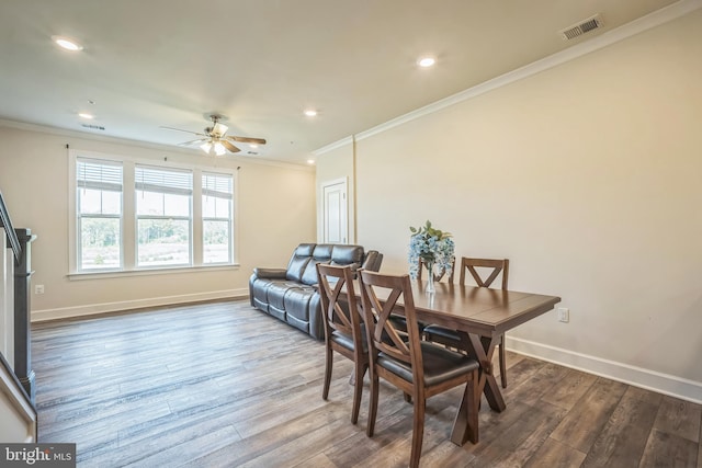 22528 Wilson View Ter, Ashburn, VA 20148 - dining area with visible vents, a ceiling fan, crown molding, and recessed lighting