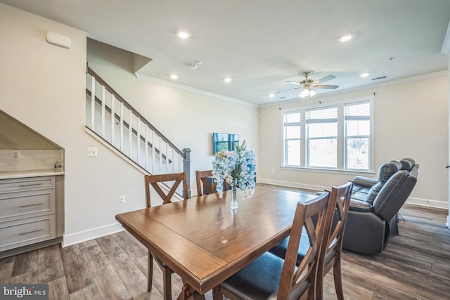 22528 Wilson View Ter, Ashburn, VA 20148 - dining space featuring crown molding, stairway, a ceiling fan, and recessed lighting