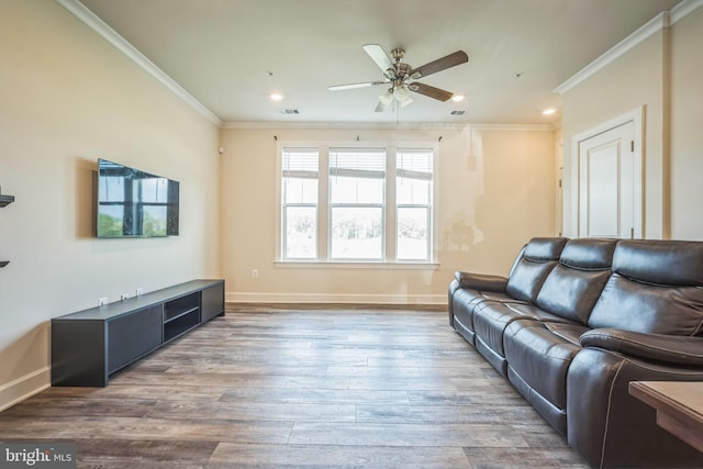 22528 Wilson View Ter, Ashburn, VA 20148 - living area with a ceiling fan, baseboards, ornamental molding, and wood finished floors