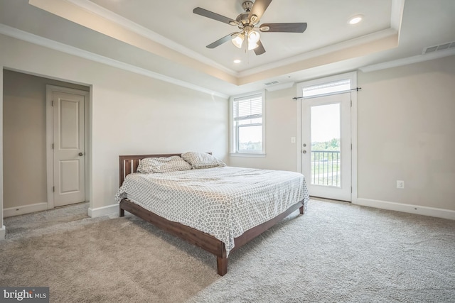 22528 Wilson View Ter, Ashburn, VA 20148 - carpeted bedroom with access to outside, ornamental molding, a raised ceiling, and visible vents