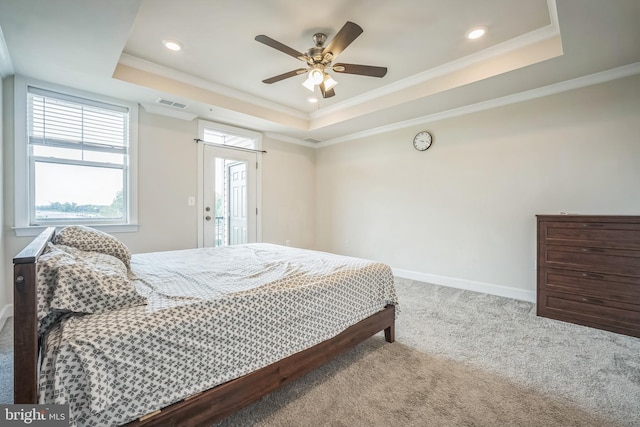 22528 Wilson View Ter, Ashburn, VA 20148 - carpeted bedroom featuring crown molding, a tray ceiling, visible vents, and baseboards