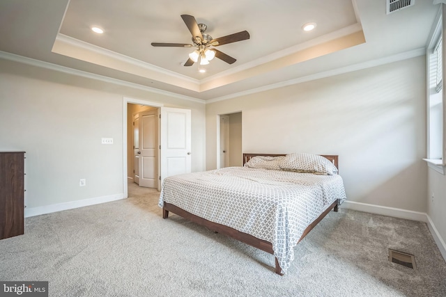 22528 Wilson View Ter, Ashburn, VA 20148 - bedroom featuring carpet floors, a tray ceiling, visible vents, and ornamental molding