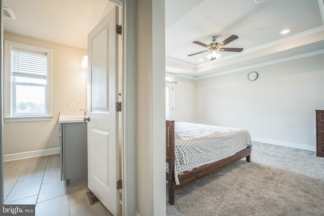 22528 Wilson View Ter, Ashburn, VA 20148 - bedroom featuring ornamental molding, baseboards, ceiling fan, recessed lighting, and a tray ceiling