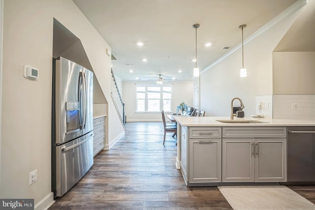 22528 Wilson View Ter, Ashburn, VA 20148 - kitchen featuring ceiling fan, appliances with stainless steel finishes, a sink, gray cabinets, and dark wood-style floors