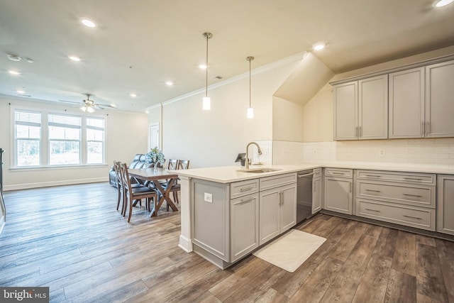 22528 Wilson View Ter, Ashburn, VA 20148 - kitchen with dark wood-style flooring, dishwasher, gray cabinetry, a sink, and a peninsula
