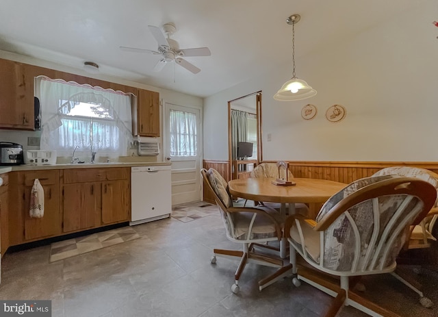 2422 Pinefield Rd, Waldorf, MD 20601 - kitchen featuring wainscoting, ceiling fan, light countertops, a sink, and dishwasher
