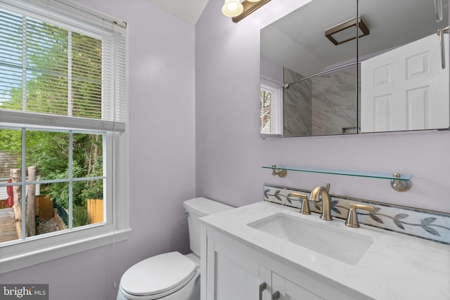 full bathroom featuring walk in shower, vanity, and toilet