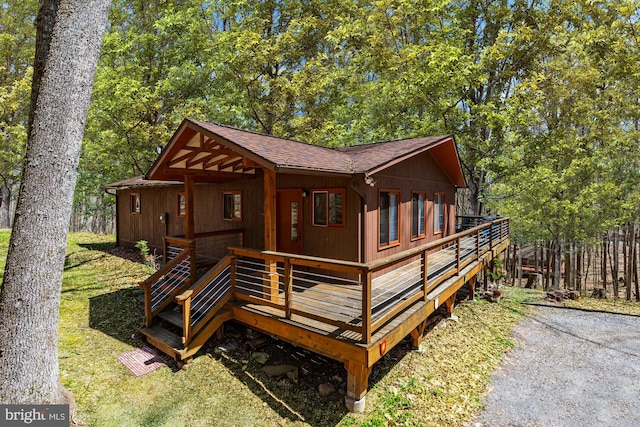 296 Mountainside Rd, Berkeley Springs, WV 25411 - back of property with a wooden deck and a shingled roof