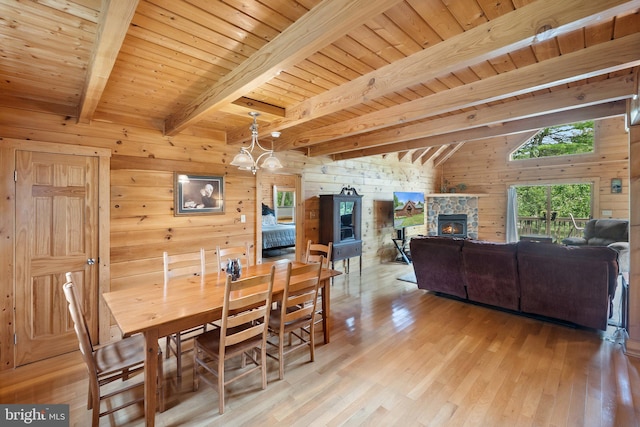 dining room featuring wooden walls, a fireplace, light wood-style flooring, vaulted ceiling with beams, and wood ceiling