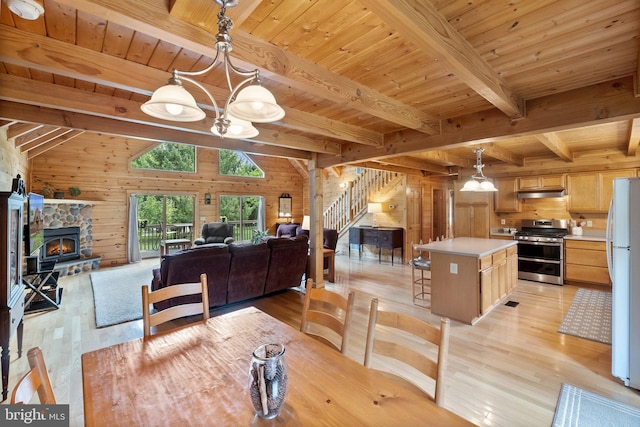 dining room with wood ceiling, wood walls, light wood finished floors, a chandelier, and stairs
