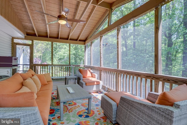 sunroom / solarium with ceiling fan, outdoor lounge area, and a wealth of natural light